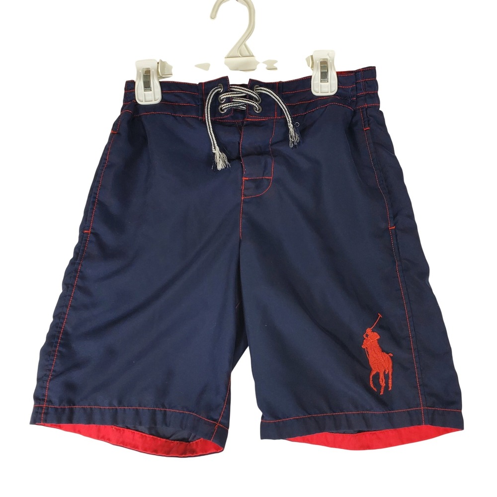 Polo Ralph Lauren Kids Navy Blue Orange Pony Swim Trunks Shorts Size M 10-12